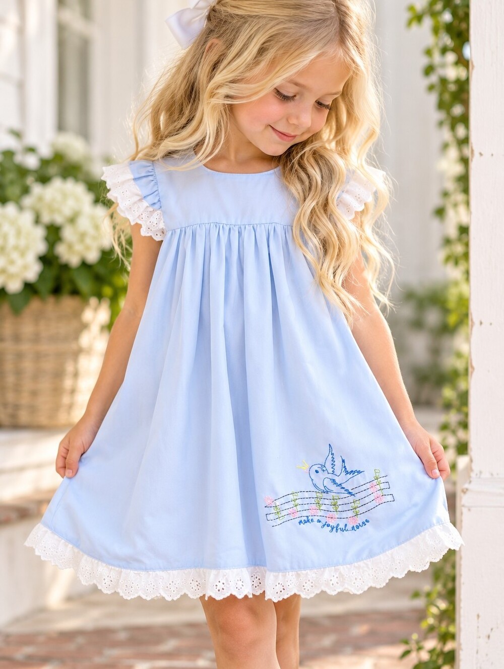 The Oaks Apparel Joyful Noise Embroidered Blue Eyelet Dress Girls 4T